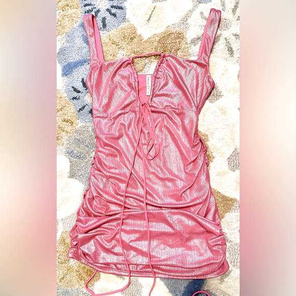 LUCY IN THE SKY Front Tie Ruched Mini Dress in Pink Shimmer - Picture 3 of 13